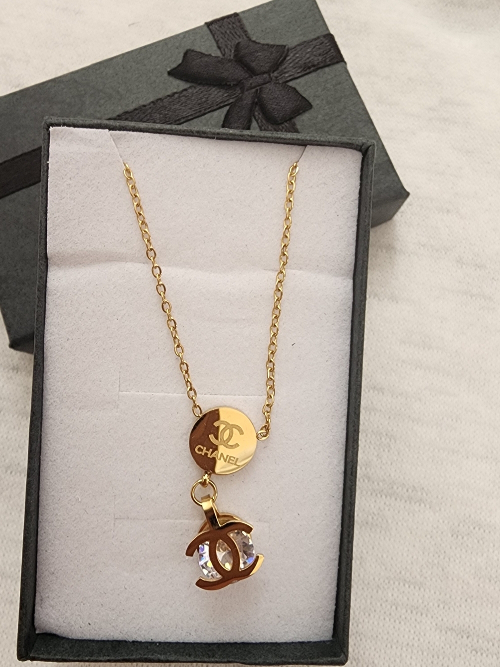 Stainless Steel Gold-Tone Double Pendant Necklace with Crystal CC Charm - Picture 3 of 3